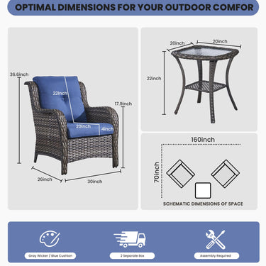 Belord 3-piece patio wicker furniture set with two chairs and a side table, perfect for outdoor conversation and relaxation.