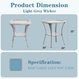 Square outdoor wicker side table with glass top and storage shelf, part of Belord's NTC patio conversation sets.