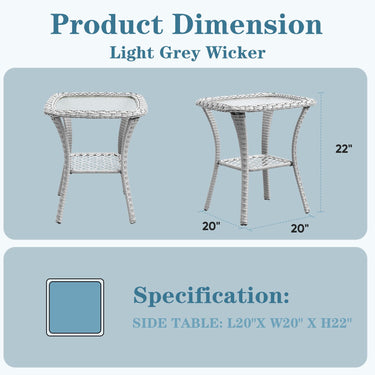 Square outdoor wicker side table with glass top and storage shelf, part of Belord's NTC patio conversation sets.
