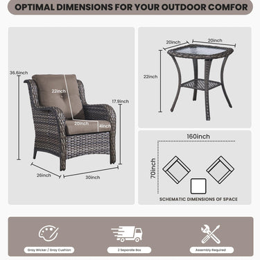 Belord 3-piece patio wicker furniture set includes 2 chairs and a side table, perfect for outdoor conversation and relaxation.