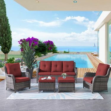 Belord 2-piece patio wicker ottoman set with side tables from the NTC Series, featuring woven wicker design and sturdy legs.