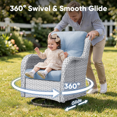 Pair of Belord wicker swivel glider patio chairs with 5-inch cushions, 360° rotation, black metal frames, and sturdy design.