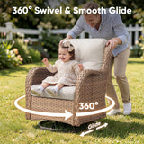 Pair of Belord wicker swivel glider chairs with 5-inch cushions, 360° rotation, suitable for patio conversation sets.