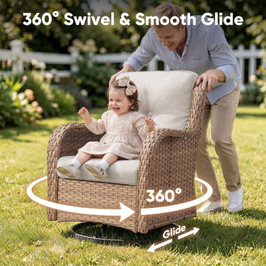 Pair of Belord wicker swivel glider chairs with 5-inch cushions, 360° rotation, suitable for patio conversation sets.