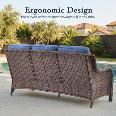 Belord oversized 3-seater wicker sofa with high back and 6-inch cushions, part of the patio conversation set.