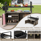 Belord outdoor wicker bar cart with 4 lockable wheels and built-in ice bucket, perfect for outdoor entertaining and serving.