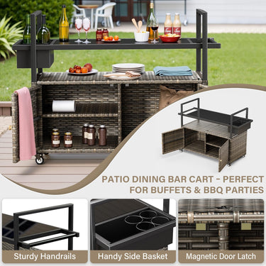 Belord outdoor wicker bar cart with 4 lockable wheels and built-in ice bucket, perfect for outdoor entertaining and serving.