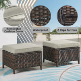 Belord 2-piece patio wicker ottoman set with side tables, part of the NTC Series, featuring woven rattan design and cushioned tops.