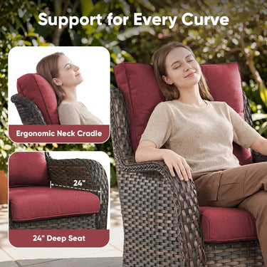 Pair of Belord wicker swivel glider chairs in a patio set with 5-inch cushions, 360° rotation, suitable for outdoor relaxation.