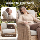 Pair of Belord wicker swivel glider chairs with 5-inch cushions, 360° rotation, part of the NTC patio conversation set.