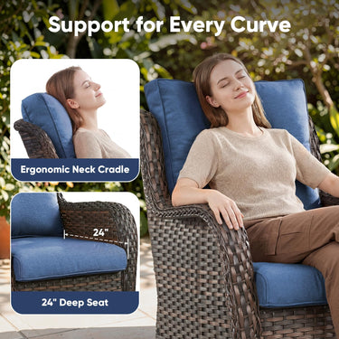 Pair of Belord outdoor wicker swivel glider chairs with thick cushions, all-weather PE wicker, designed for patio conversation.