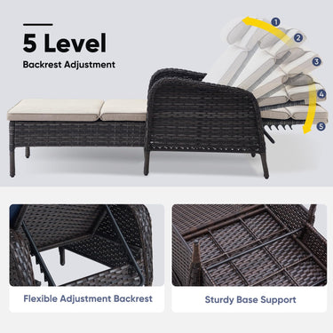 Belord outdoor wicker chaise lounge in a 5-position adjustable design with a sturdy 500 lb capacity, perfect for patio relaxation.