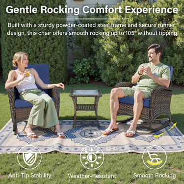 Belord patio single PE wicker rocking chair with thick cushions, outdoor furniture for comfortable relaxation.