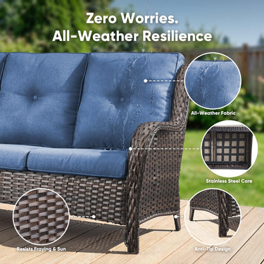 Belord outdoor wicker 3-seater patio sofa from the NTC Series, featuring plush cushions and stylish design for outdoor lounging.