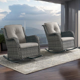 Pair of Belord patio wicker rocking chairs with olefin cushions from the NTC Series, featuring a stylish outdoor design.