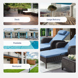 Belord 3-piece outdoor wicker chaise lounge set with two adjustable 75-inch lounges, side table, and olefin cushions.