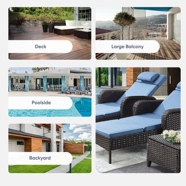 Belord 3-piece outdoor wicker chaise lounge set with two adjustable 75-inch lounges, side table, and olefin cushions.