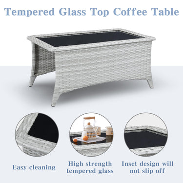 Belord outdoor wicker coffee table with glass top and ottoman storage, part of the patio conversation sets in the NTC series.