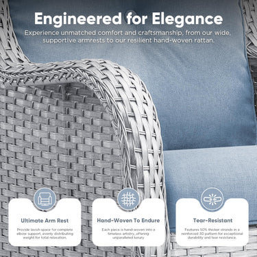 Pair of Belord wicker swivel glider chairs with 5-inch cushions, 360° rotation, suitable for outdoor patio conversation sets.
