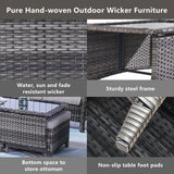 Belord outdoor wicker coffee table with glass top and ottoman storage from the NTC Series in a patio conversation set.