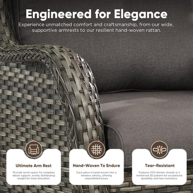 Set of two Belord wicker swivel glider chairs with 5-inch cushions, showing 360° rotation and sturdy design for patio conversation.