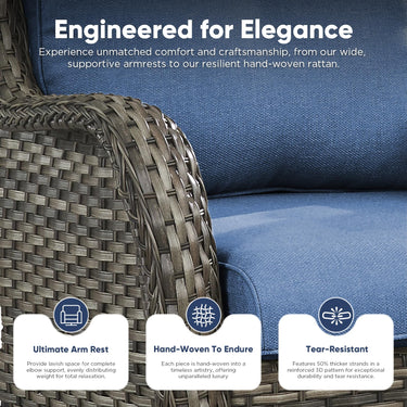 Pair of Belord wicker swivel glider chairs with 5-inch cushions, perfect for patio conversation sets, sturdy 300 lb capacity.