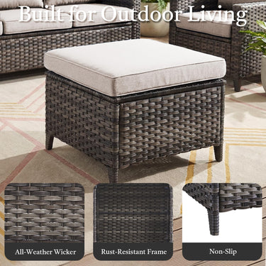 Belord 2-piece patio wicker ottoman set with side table, part of the NTC Series, featuring woven wicker design and cushioned tops.