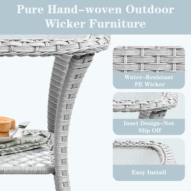 Square outdoor wicker side table with glass top and storage shelf, part of Belord's NTC patio conversation set.