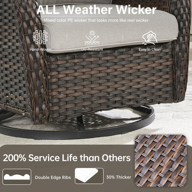 Pair of Belord swivel patio chairs with 360° rotation and 5-inch cushions, part of the NTC Series, shown outdoors with a rustic setting.