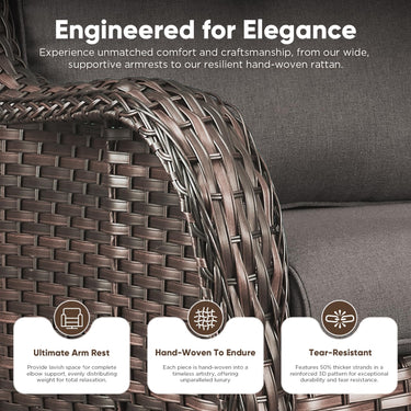 Pair of Belord wicker swivel glider chairs with 360° rotation and 5-inch cushions, suitable for patio conversation sets.