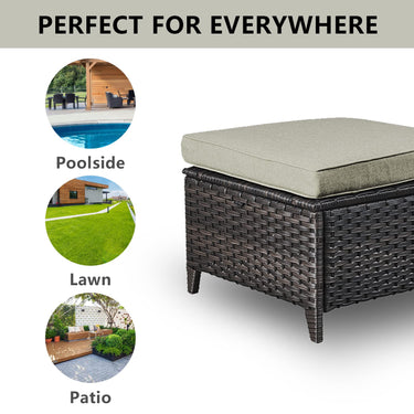 Belord 2-piece patio wicker ottoman set with side tables, part of the NTC Series, featuring woven rattan design and cushioned tops.