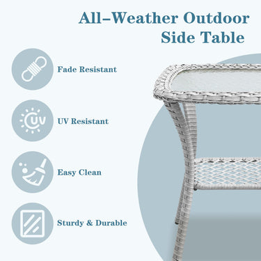 Belord square outdoor wicker side table with glass top and storage shelf, part of the NTC Series patio conversation set.