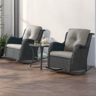 Belord 2-piece patio wicker rocking chairs set with olefin cushions, part of the NTC Series, shown with comfortable seating and natural wicker finish.