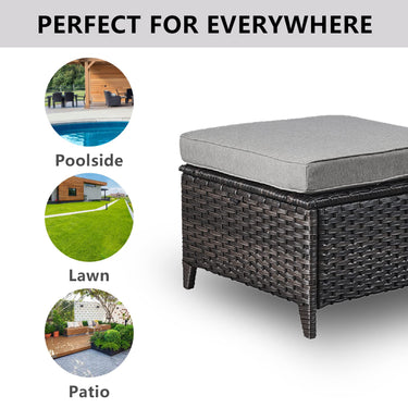 Belord 2-piece patio wicker ottoman set with side tables, part of the NTC Series, featuring woven wicker design and cushioned tops.