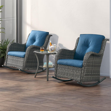 Belord 2-piece patio wicker rocking chairs set with olefin cushions, part of the NTC Series, shown with comfortable seating and woven wicker design.