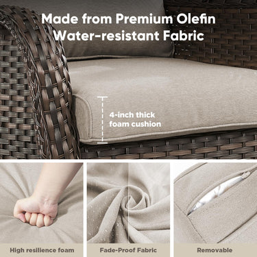 Pair of Belord wicker swivel glider chairs with 5-inch cushions, designed for patio conversation, supports 300 pounds each.