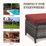 Two wicker ottomans from Belord's patio conversation set, used as side tables, featuring woven rattan design in an outdoor setting.