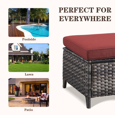 Two wicker ottomans from Belord's patio conversation set, used as side tables, featuring woven rattan design in an outdoor setting.