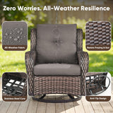 Pair of Belord wicker swivel glider chairs with 5-inch cushions, 360° rotation, suitable for patio conversation sets.