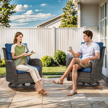 Pair of Belord swivel patio chairs with 360° rotation and 5-inch cushions from the NTC Series, shown outdoors.