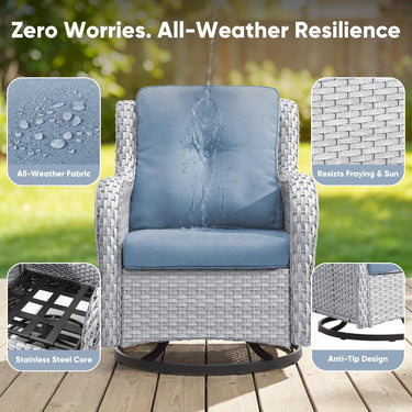 Pair of Belord wicker swivel glider chairs with 5-inch cushions, suitable for patio conversation sets, supports 300 lbs each.