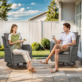 Pair of Belord swivel patio chairs with 360° rotation and 5-inch cushions, part of the NTC Series, shown outdoors.