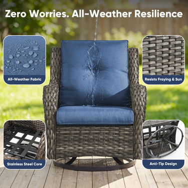 Pair of Belord wicker swivel glider chairs with 5-inch cushions, 360° rotation, suitable for outdoor patio conversation sets.