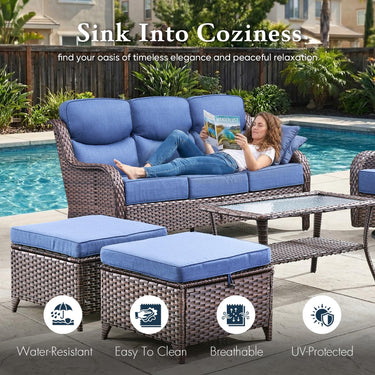 Belord oversized 3-seater wicker patio sofa with high back and 6-inch cushions, part of the NT Series outdoor conversation set.