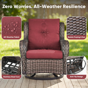 Set of two Belord wicker swivel glider chairs with 5-inch cushions, suitable for patio conversation, 360° rotation, supports 300 lbs.