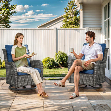 Pair of Belord swivel patio chairs with 360° rotation and 5-inch cushions, part of the NTC Series, shown with cushions on the seats.
