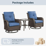 Belord 3-piece outdoor wicker swivel glider patio set with two chairs and side table, perfect for outdoor conversation and relaxation.