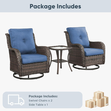Belord 3-piece outdoor wicker swivel glider patio set with two chairs and side table, perfect for outdoor conversation and relaxation.