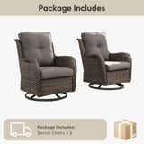 Pair of Belord wicker swivel glider chairs with 5-inch cushions, 360° rotation, suitable for patio conversation sets.