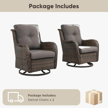 Pair of Belord wicker swivel glider chairs with 5-inch cushions, 360° rotation, suitable for patio conversation sets.